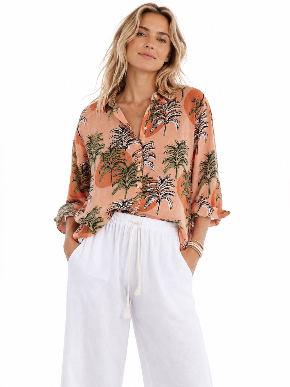 Nicole Miller Linen Palm Print Button Up Shirt Coastal Resort Top Small Relaxed